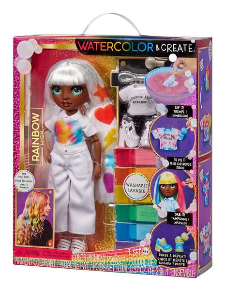 MGA Muñeca Rainbow High Watercolor & Create Ojos Verdes 22 cm. Crea Tu Propia Muñeca con Pincel o Sumerge su Ropa en Agua con Polvos de Color