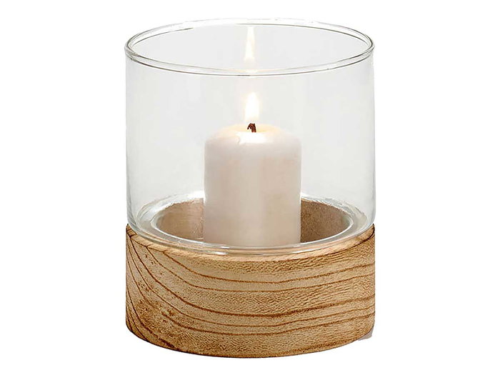 Giftdecor Portavelas Cristal Base Madera Redondo 10x10x11.1 cm (Set de 18)