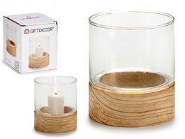 Giftdecor Portavelas Cristal Base Madera Redondo 10x10x11.1 cm (Set de 18)