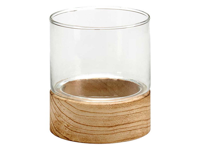 Giftdecor Portavelas Cristal Base Madera Redondo 10x10x11.1 cm (Set de 18)