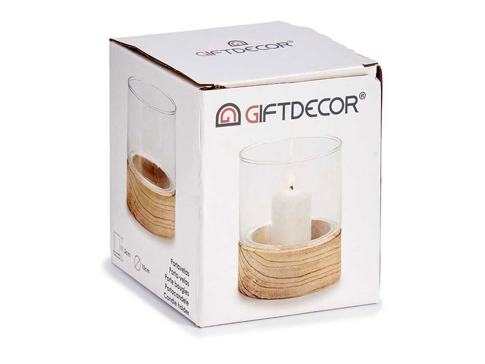 Giftdecor Portavelas Cristal Base Madera Redondo 10x10x11.1 cm (Set de 18)