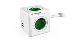 Allocacoc Power Cube Extended 8718444087014 Regleta de Pared Externa, 4 Salidas AC 250V + 2 USB, Color Verde/Blanco, Cable 1.5m