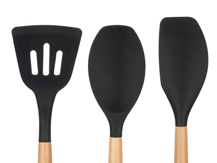 KINVARA Set de 3 Palas de Cocina de Silicona y Madera Negro/Marrón KINVARA Set de 3 Palas de Cocina de Silicona y Madera Negro/Marrón
