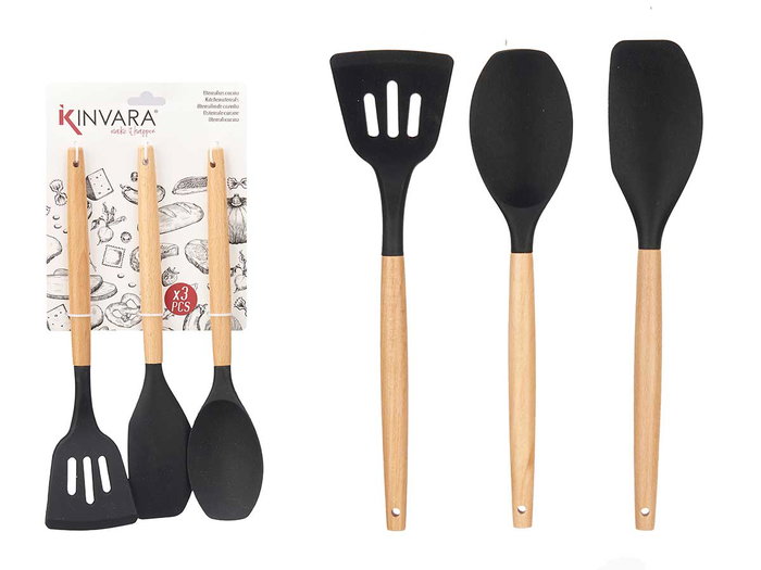 KINVARA Set de 3 Palas de Cocina de Silicona y Madera Negro/Marrón KINVARA Set de 3 Palas de Cocina de Silicona y Madera Negro/Marrón