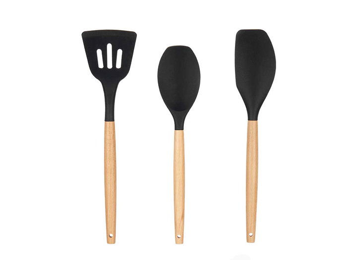 KINVARA Set de 3 Palas de Cocina de Silicona y Madera Negro/Marrón KINVARA Set de 3 Palas de Cocina de Silicona y Madera Negro/Marrón