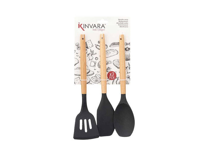 KINVARA Set de 3 Palas de Cocina de Silicona y Madera Negro/Marrón KINVARA Set de 3 Palas de Cocina de Silicona y Madera Negro/Marrón