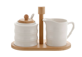 DKD Home Decor Azucarero Pengjia bambu 2025 Set de 2 Porcelana Bambu Blanco Natural 11 x 15 x 19.5 cm