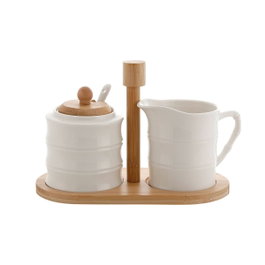 DKD Home Decor Set de 2 Azucareros de Porcelana y Bambú Blanco