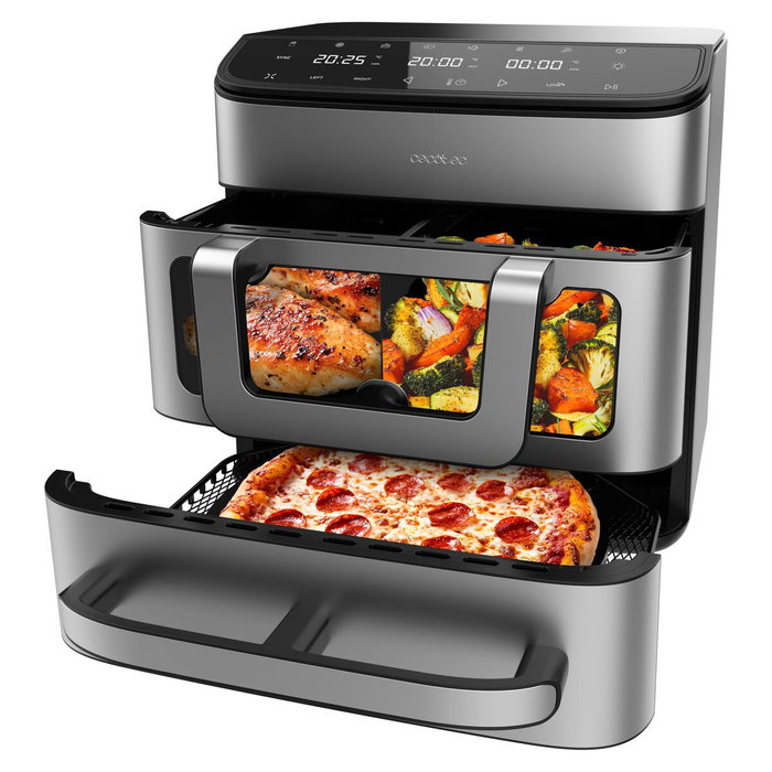 Cecotec Freidora de Aire y Horno Cecofry FoodCourt 18000 4Pizza 18L 2700W acero pantalla