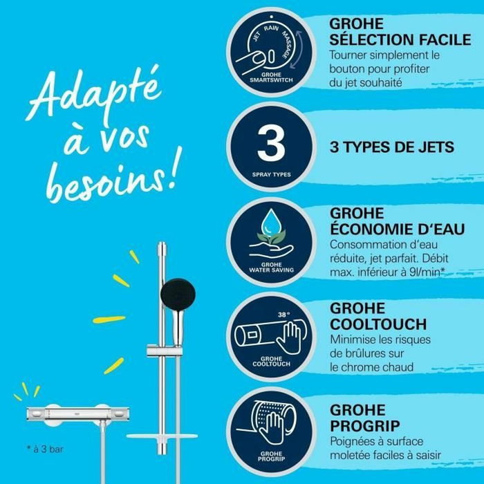 Grohe 34791001 Set de Ducha Termostático con Rociador 3 Chorros, Barra 60cm y Flexo, Ahorro Agua, Cromo Grohe 34791001 Set de Ducha Termostático con Rociador 3 Chorros, Barra 60cm y Flexo, Ahorro Agua, Cromo