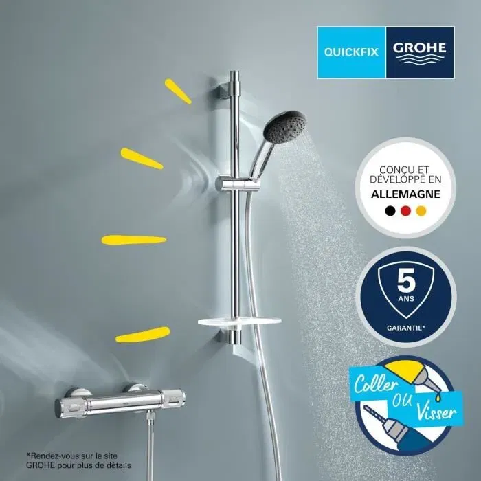 Grohe 34791001 Set de Ducha Termostático con Rociador 3 Chorros, Barra 60cm y Flexo, Ahorro Agua, Cromo