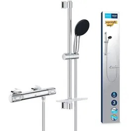 Grohe 34791001 Set de Ducha Termostático con Rociador 3 Chorros, Barra 60cm y Flexo, Ahorro Agua, Cromo