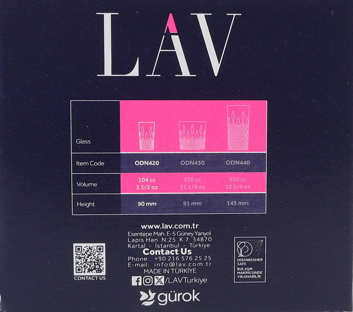 Lav Set 6 Vasos 104 cc Colección Odin. Ancho 5 cm, Alto 9 cm, Largo 5 cm. (12 Cajas)