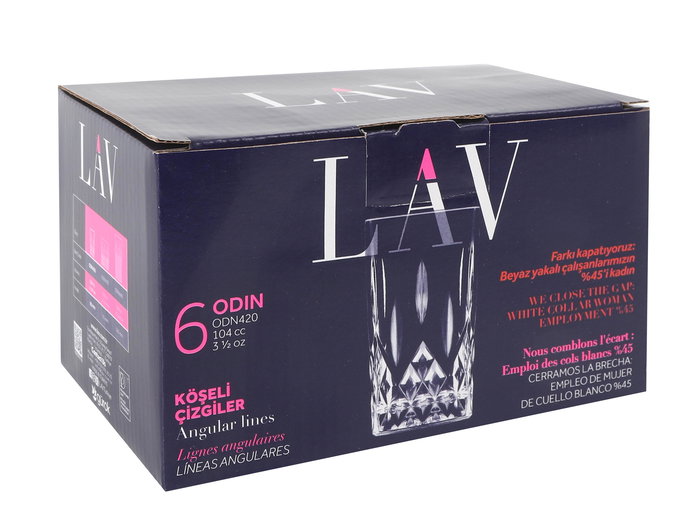 Lav Set 6 Vasos 104 cc Colección Odin. Ancho 5 cm, Alto 9 cm, Largo 5 cm. (12 Cajas)