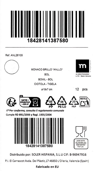 La Mediterranea Bol ANLLO Monaco Brillo 19cm, Pack de 12 unidades La Mediterranea Bol ANLLO Monaco Brillo 19cm, Pack de 12 unidades
