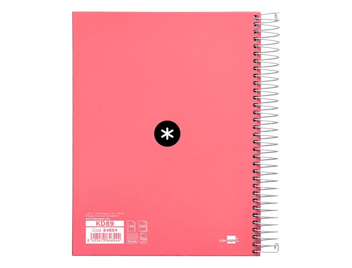 Antartik Cuaderno Espiral A5 Micro 120 Hojas 90gr Cuadro 5mm 5 Bandas 6 Taladros Color Coral