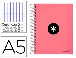 Antartik Cuaderno Espiral A5 Micro 120 Hojas 90gr Cuadro 5mm 5 Bandas 6 Taladros Color Coral