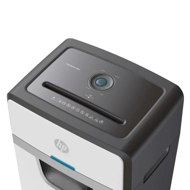 HP OneShred 24CC Destructora de papel - Corte en partículas P-4, 24 hojas, 30L, 65 dB, tritura grapas y tarjetas, color blanco y negro