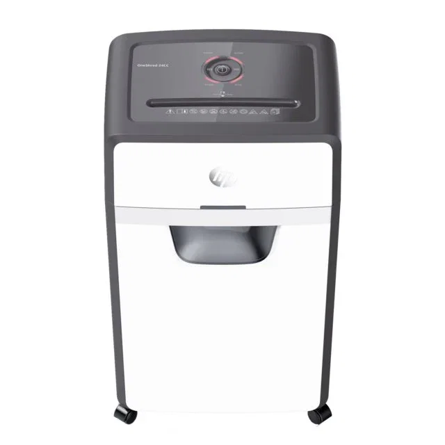 HP OneShred 24CC Destructora de papel - Corte en partículas P-4, 24 hojas, 30L, 65 dB, tritura grapas y tarjetas, color blanco y negro
