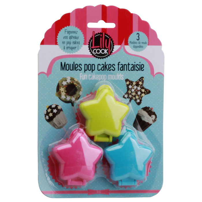 Lily Cook Juego 3 Moldes Popcake/Piruleta Madalena Rosquilla Estrella Plástico Colores Surtidos