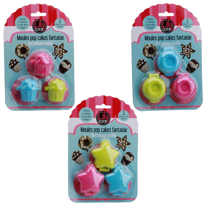 Lily Cook Juego 3 Moldes Popcake/Piruleta Madalena Rosquilla Estrella Plástico Colores Surtidos