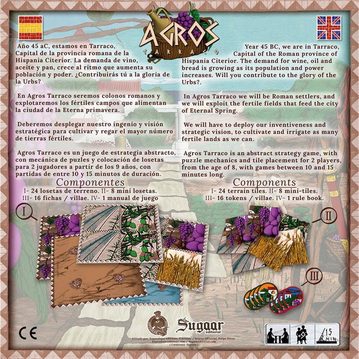 Sugaar Editorial Juego Agros Tarraco - Juego de Mesa de Estrategia y Colocación de Losetas para 2 Jugadores (15 Min), Referencia SGAT01ES, Edad +8, Español/Inglés