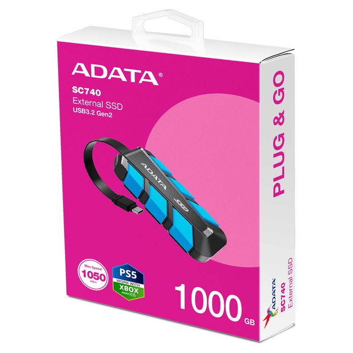 ADATA SC740 Unidad SSD Externa 1 TB, USB-C 3.2 Gen 2 (10 Gbps), 1050 MB/s, Negro/Azul