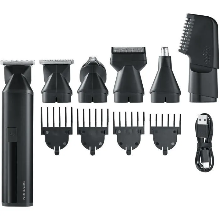 Severin HS 0710 Recortadora Multifuncional 6 en 1 para Cabello y Barba, 90 Min Batería, Accesorios Magnéticos, Resistencia Agua IPX6, Color Negro