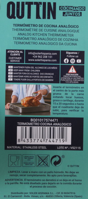 Quttin Termómetro Analógico para Cocina, 21.5 cm de largo x 9.5 cm de ancho x 4 cm de alto (24 Unidades)