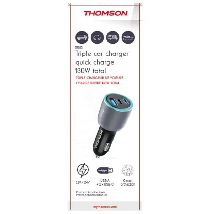 Thomson THO3513767410502 Cargador Coche 130W, Tecnología GaN, 2 USB-C PD 100W + PD 30W