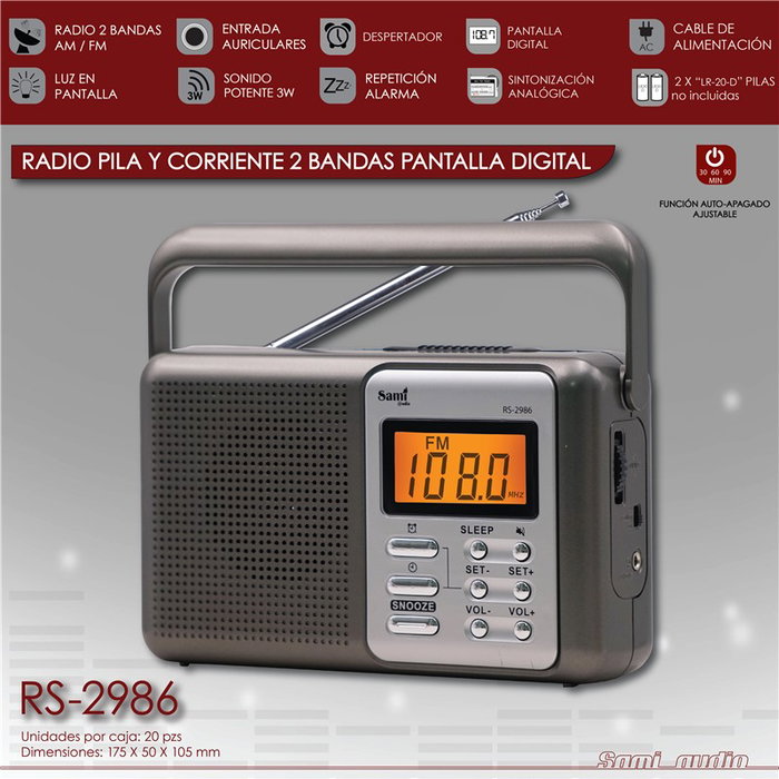 SAMI Radio digital 2 bandas (AM/FM) con función sleep, alimentación por pilas y corriente AC/DC