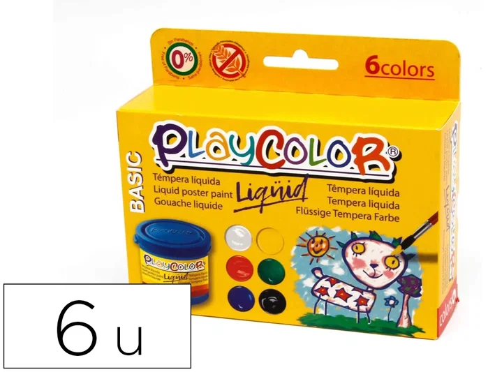 Playcolor Set de 6 Botes de Témpera Líquida Basic de 40 ml, Colores Surtidos