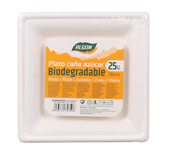 Algon Set 25 Platos Bio Cuadrados 16 cm Caña (12 Unidades)