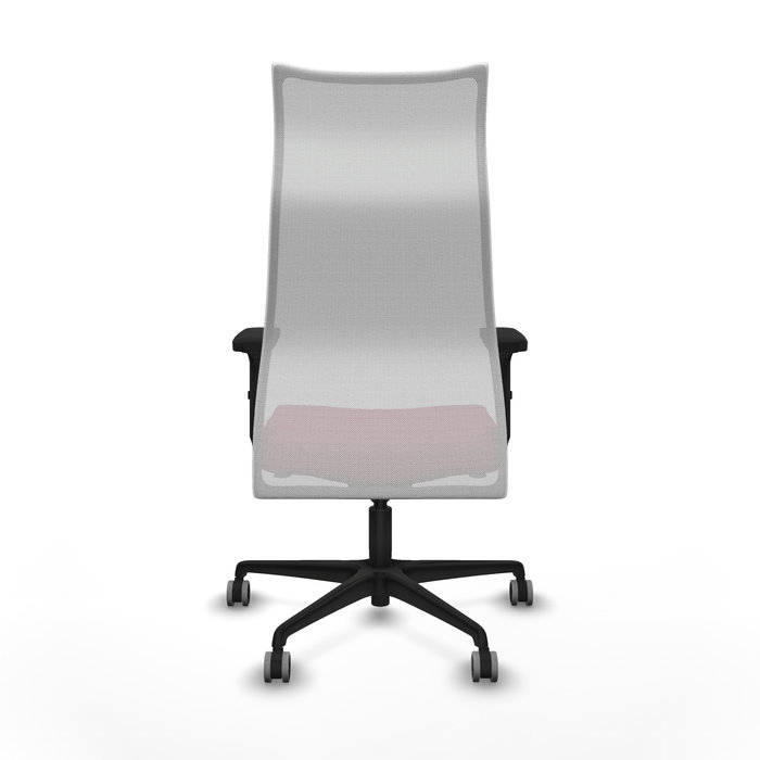 Sillón Albacete con mecanismo Sincro tapizada con Tela color Granate y malla color Blanco. Equipado con Base nailon negra, Brazos 2D y Ruedas 65 mm parqué