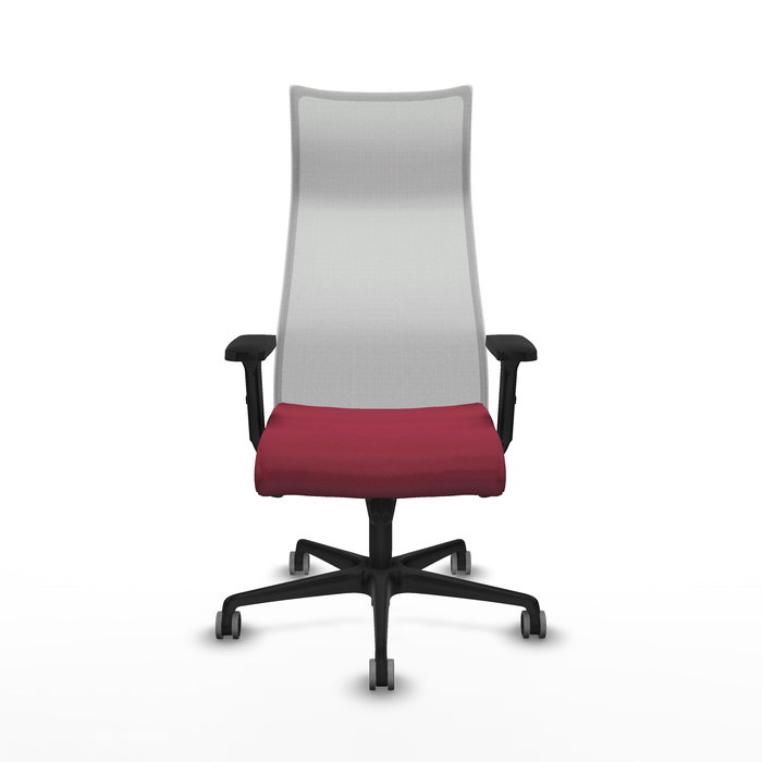 Sillón Albacete con mecanismo Sincro tapizada con Tela color Granate y malla color Blanco. Equipado con Base nailon negra, Brazos 2D y Ruedas 65 mm parqué