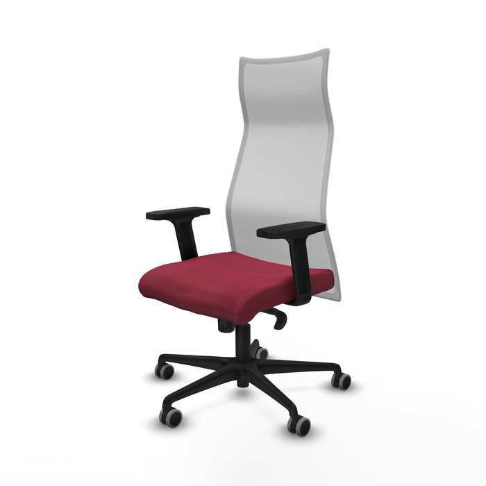 Sillón Albacete con mecanismo Sincro tapizada con Tela color Granate y malla color Blanco. Equipado con Base nailon negra, Brazos 2D y Ruedas 65 mm parqué