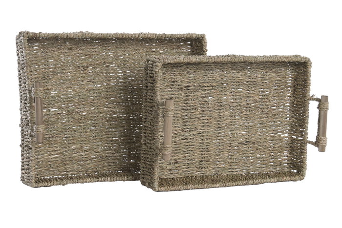 DKD Home Decor Set de 2 Bandejas de Seagrass y Metal Natural 42x32x13 cm