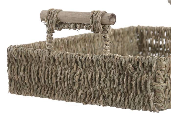 DKD Home Decor Set de 2 Bandejas de Seagrass y Metal Natural 42x32x13 cm