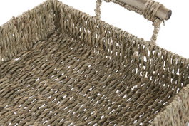 DKD Home Decor Set de 2 Bandejas de Seagrass y Metal Natural 42x32x13 cm
