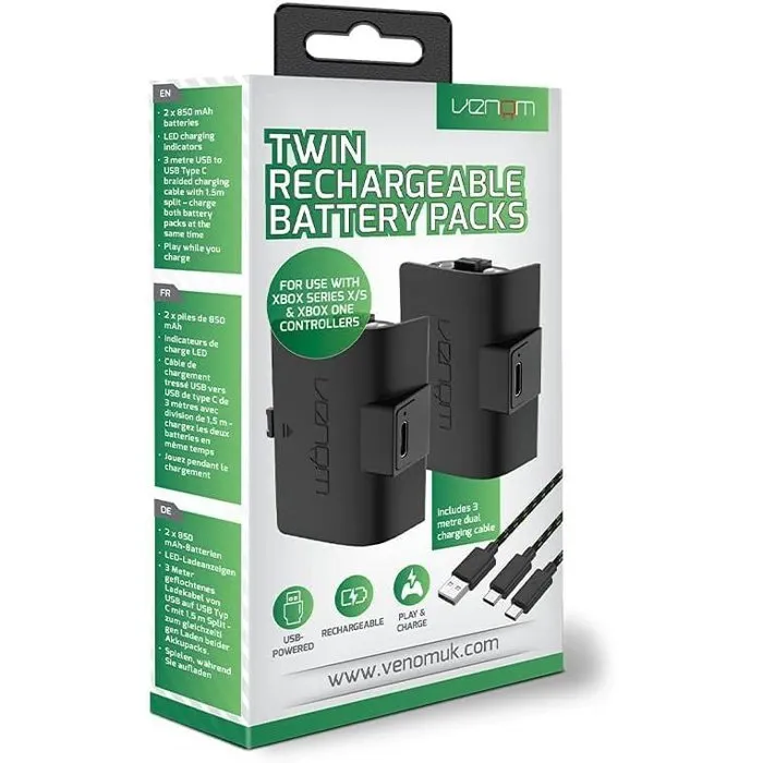 Venom Paquete de dos baterías recargables para controlador Xbox Series X - S - Negro Venom Paquete de dos baterías recargables para controlador Xbox Series X - S - Negro