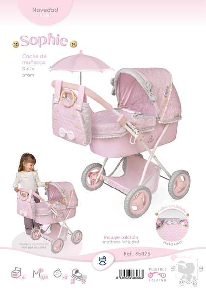 Sophie Coche de muñeca plegable con sombrilla y bolso Sophie - para muñecas de hasta 48 cm. 38x65x60 cm