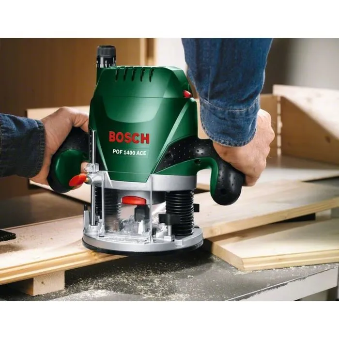 Bosch POF 1400 ACE Router con bloqueo de husillo, tope de profundidad y accesorios incluidos