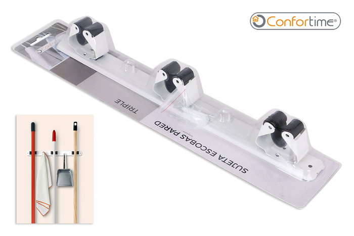 Confortime Sujetaescobas de Pared Triple Confort para Escoba, Fregona y Recogedor, 37 cm y 42x8x5 cm (12 Unidades) Confortime Sujetaescobas de Pared Triple Confort para Escoba, Fregona y Recogedor, 37 cm y 42x8x5 cm (12 Unidades)