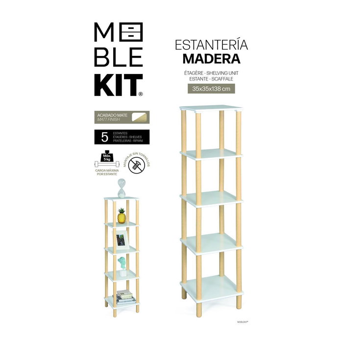 Moblekit Estantería de Madera de 5 Niveles Blanco