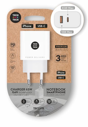Tech One Tech Cargador GaN TEC2270 65W Blanco con USB-C y USB-A Tech One Tech Cargador GaN TEC2270 65W Blanco con USB-C y USB-A