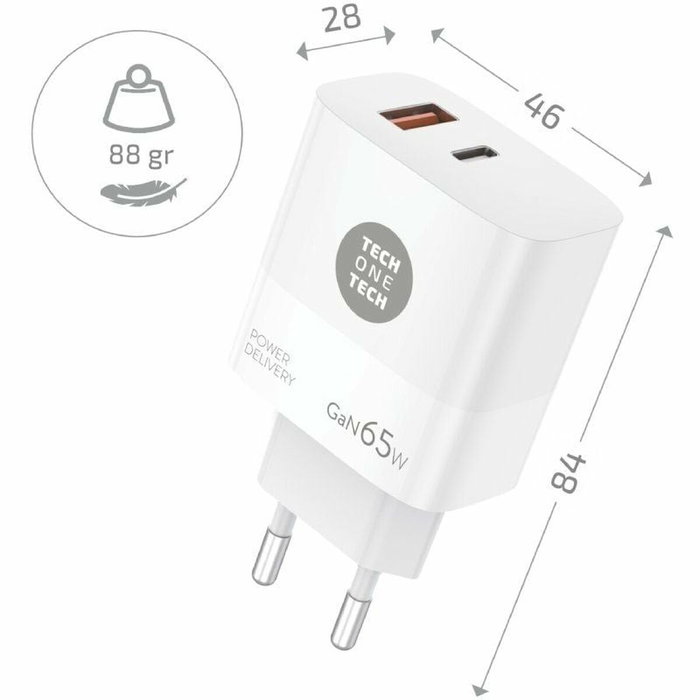 Tech One Tech Cargador GaN TEC2270 65W Blanco con USB-C y USB-A Tech One Tech Cargador GaN TEC2270 65W Blanco con USB-C y USB-A