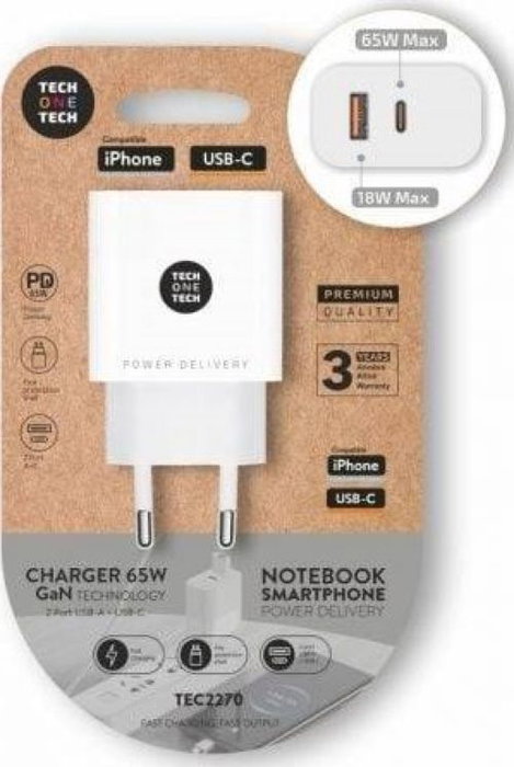 Tech One Tech Cargador GaN 65W con USB-C y USB-A, Blanco