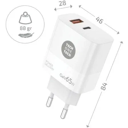 Tech One Tech TEC2270 Cargador de Pared GaN 65W USB Tipo-C / USB Blanco
