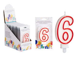 Arte Regal Vela Cumpleaños Número 6 Blanca con Borde Rojo 4.2 x 8.2 x 1 cm (Set de 72)