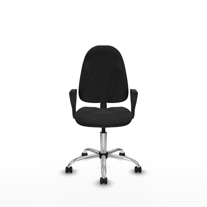 Silla de oficina Algarra con mecanismo Contacto permanente básico tapizada con Similpiel color Negro. Equipada con Base cromada, Brazos fijos y Ruedas de parqué